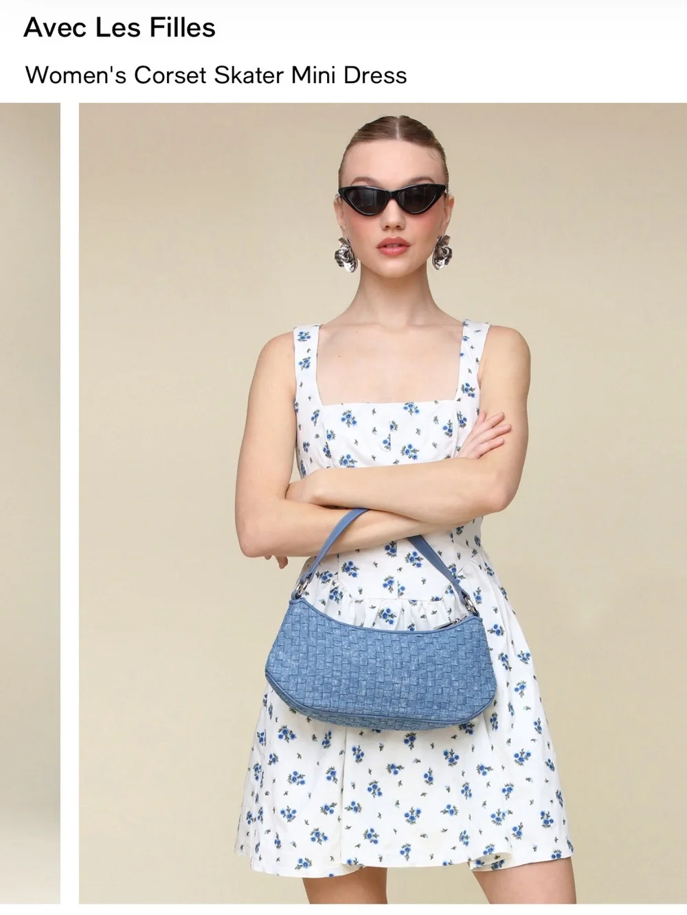Avec Les Filles White Mini Dress with Blue Floral Print